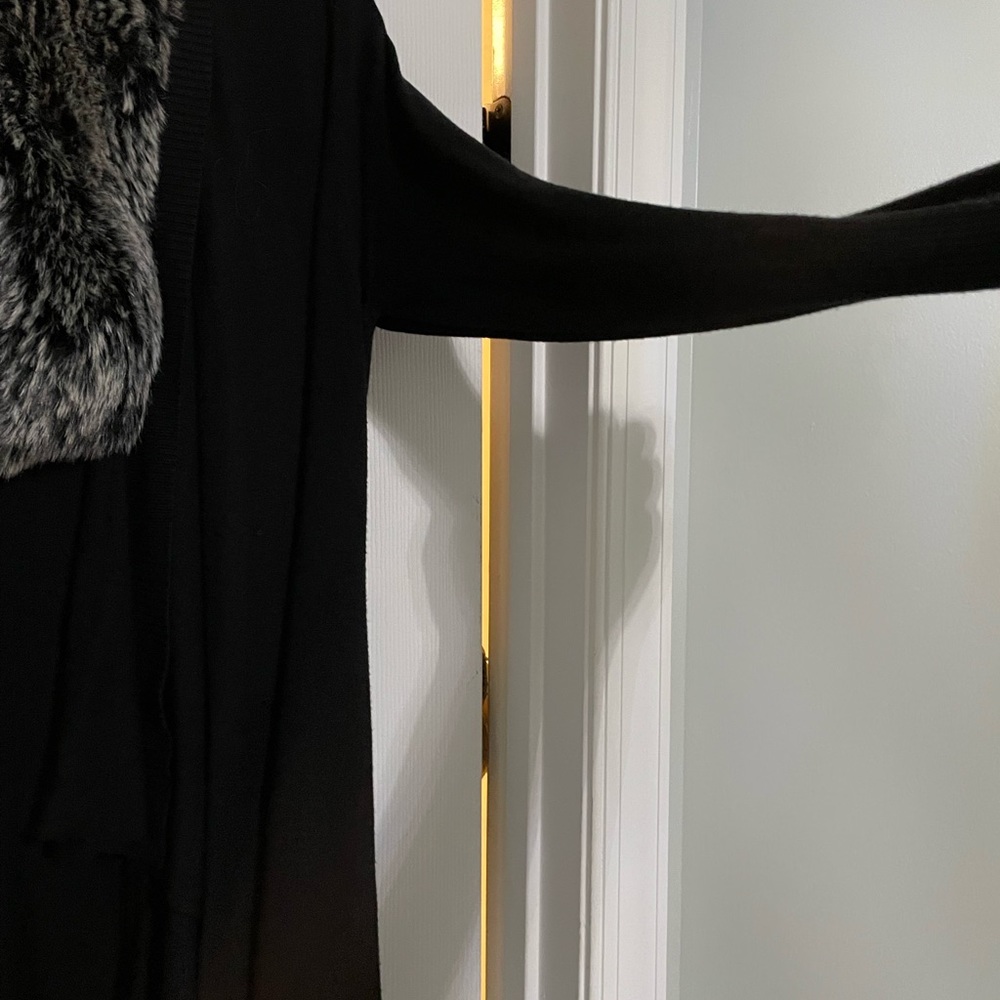 Long black open cardigan with detachable faux fur collar